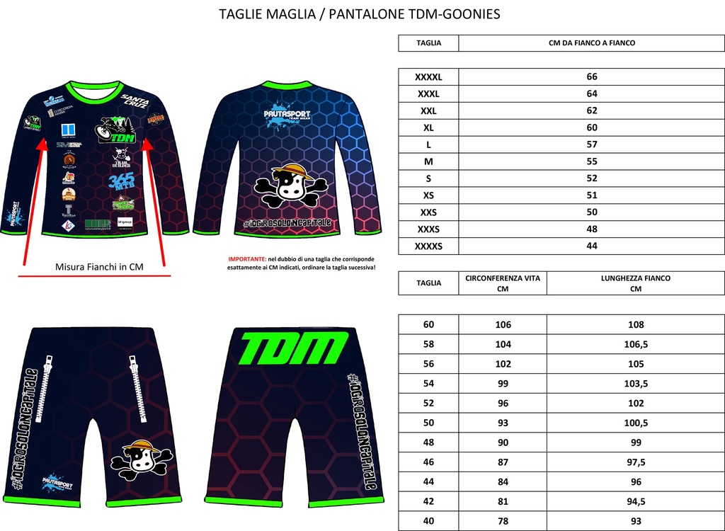 Tabella taglie divisa team